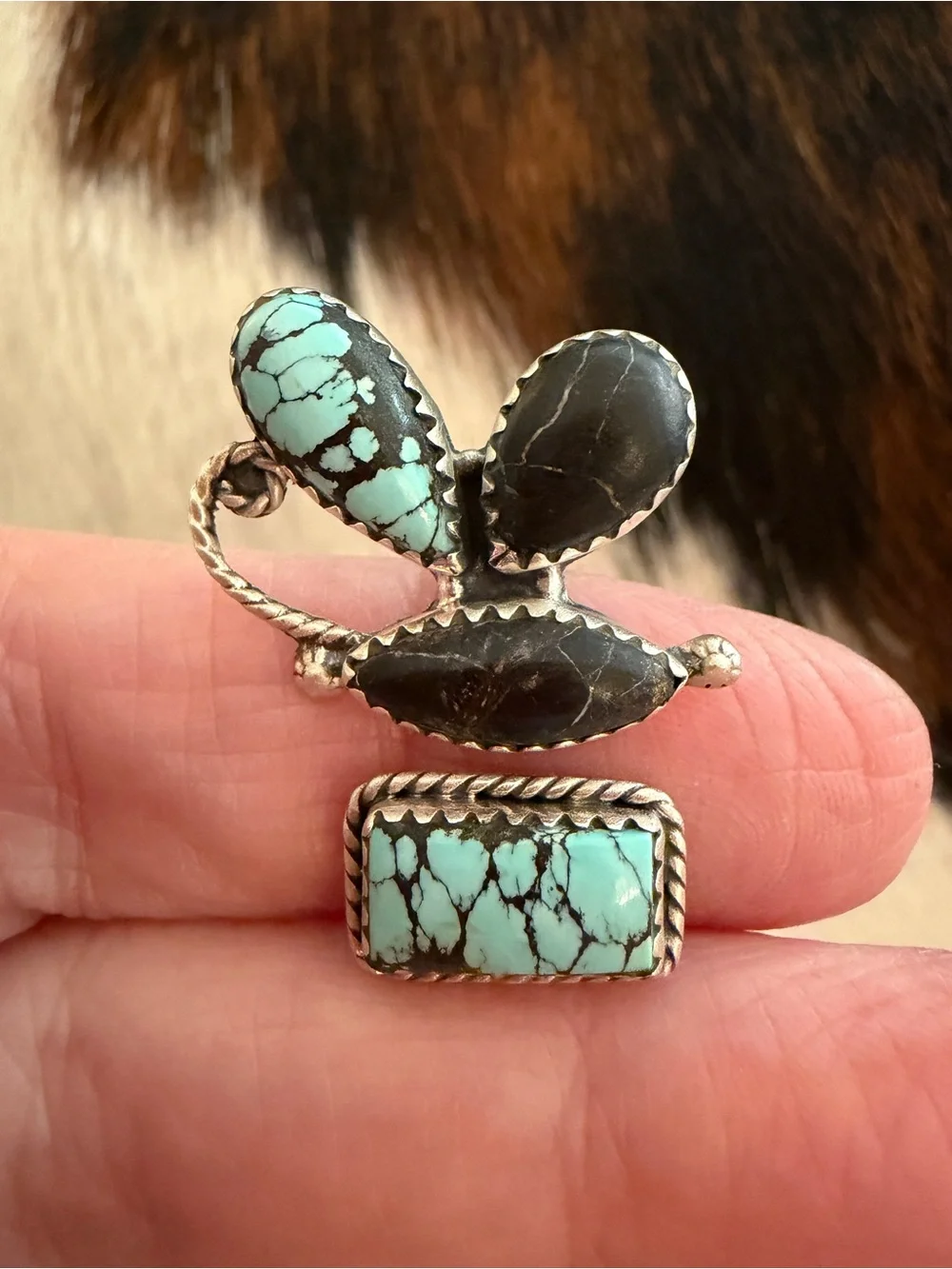 ❤️ Rare Blue Moon Butterfly Turquoise Sterling 925 Floater Ring Adjustable 7.5+